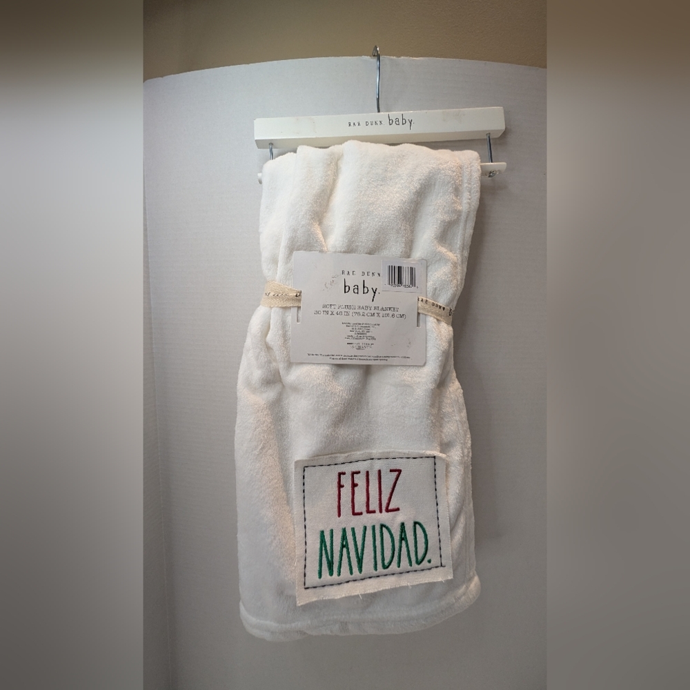 Rae Dunn Baby White Plush Blanket Feliz Navidad